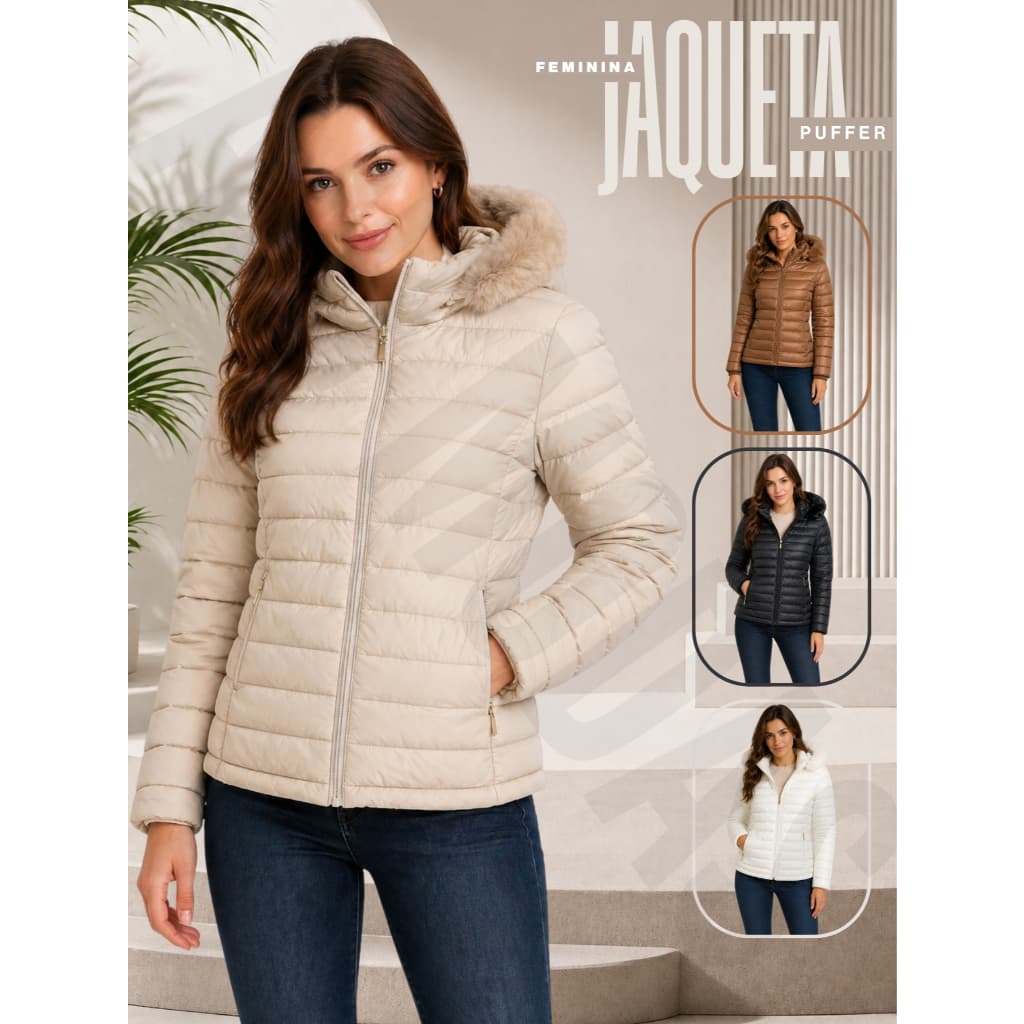 Jaqueta Puffer Feminina Premium Forrada Peluciada Com Capuz Super Inverno Tendência