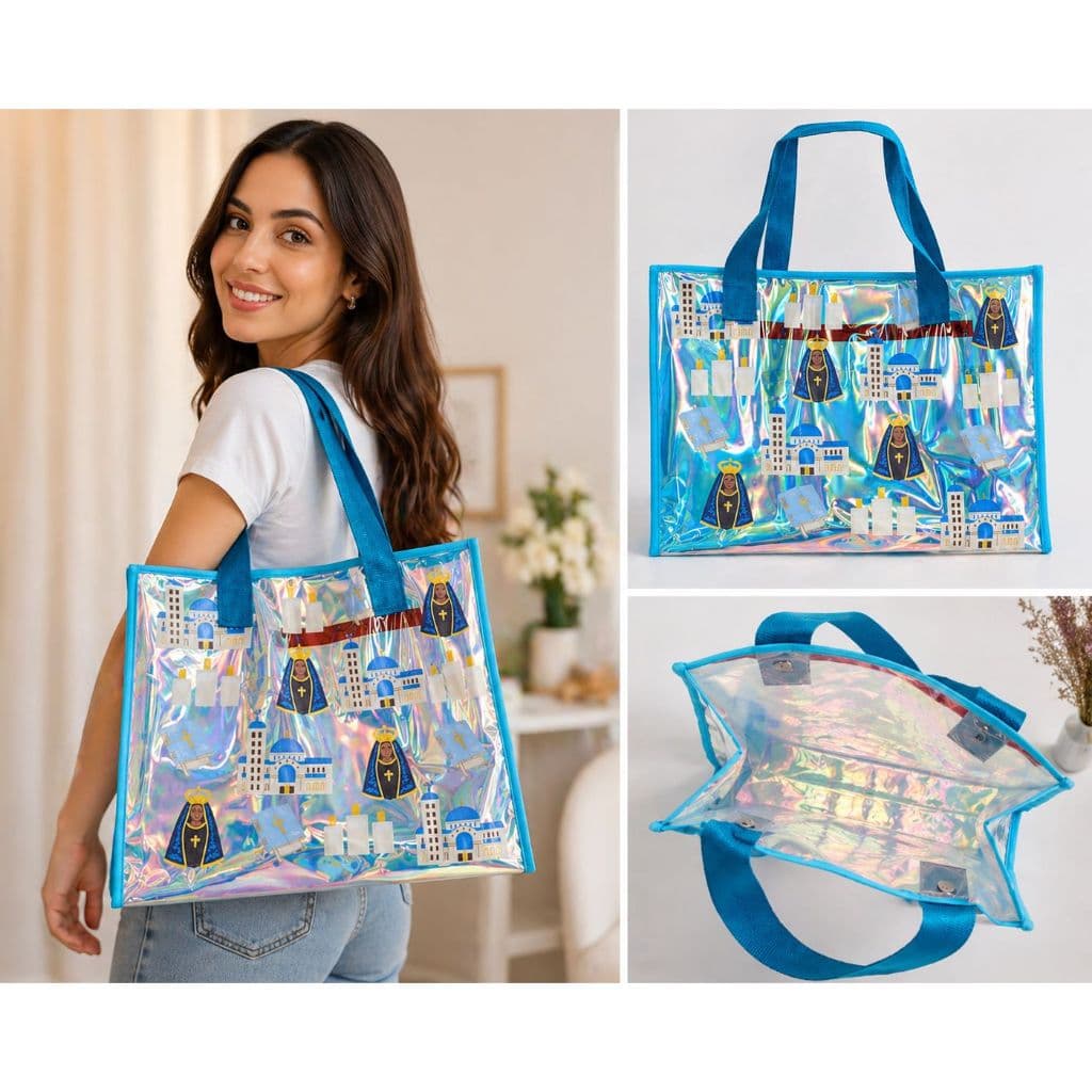 Bolsa Sacola Feminina Nossa Senhora Aparecida Basilica Holográfica com Zíper 40 Cm