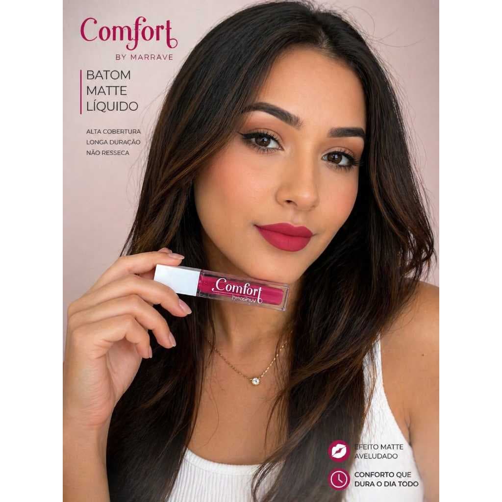 Comfort by mahav/batom líquido matte/efeito matte aveludado/secagem rapida/cor intensae uniforme/aplicador preciso.