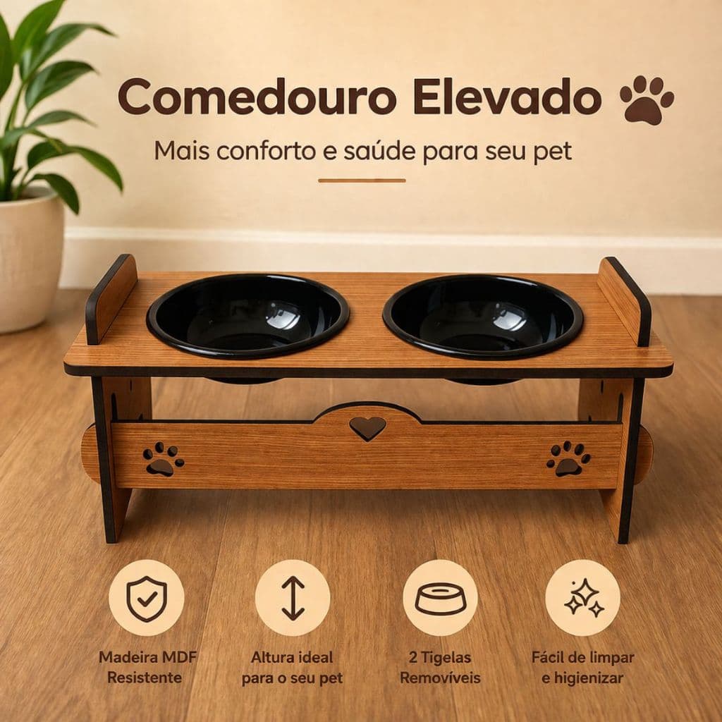 Comedouro Elevado Inclinável Pet Ração e Água Para Cachorros e Gatos em MDF 6MM Com 1 ou 2 Potes Tigelas