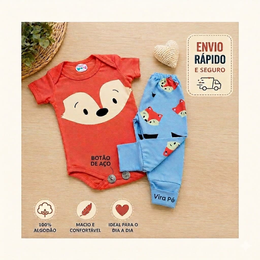 Kit Bebê Menino Manga Curta 2 Peças Body + Calça Mijão Vira Pé Ki Algodão