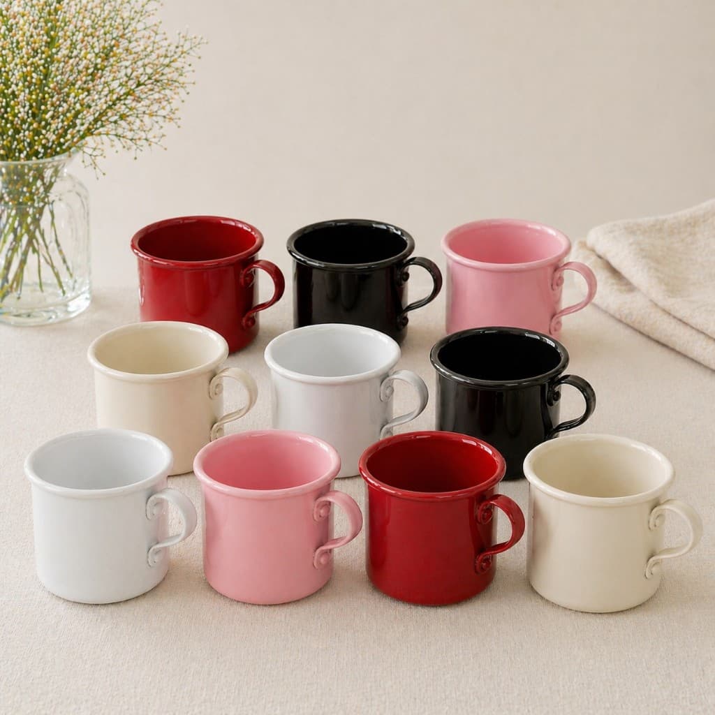 Kit 40 caneca 100 ml bege polida preto e branco aluminio atacado enfeite cada decoração cozinha cafe cha presente alça