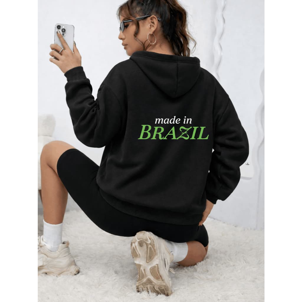Moletom Canguru com Capuz Feminino Estampado Frente e Costas Brasa Blusa De Frio Brasil Brasuca Copa Seleção Algodão