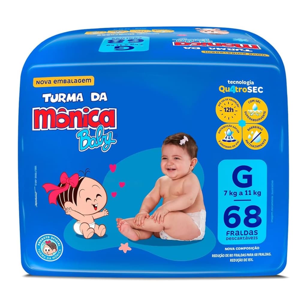 Fralda Descartável Turma da Mônica Baby Pacotão Hiper G 68 Unidades Tecnologia QuatroSec Até 12h Cintura Elástica