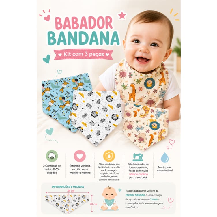 Babador Bandana Bebê Kit 3 Peças 100% Algodão Dupla Camada Estampado Menino Menina
