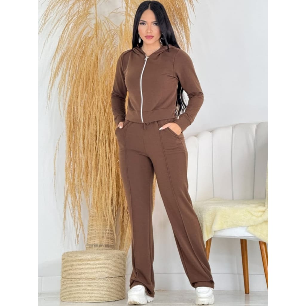 Conjunto Moletinho casaco capuz com zíper e calça wide leg bolso feminino inverno frio comfy pantalona blusa confortável