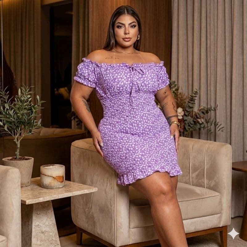 Vestido Plus Size Ombro a Ombro  estiloso e Confortável festa  balada