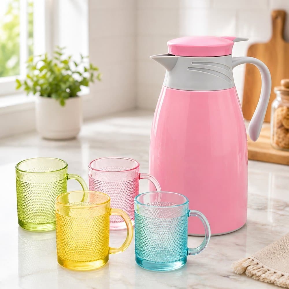 Conjunto garrafa térmica 190ml e 4 canecas vidros - Rosa Vermelha - Dia das Mães