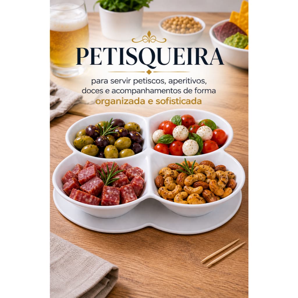 Petisqueira 4 Divisórias Grande Melamina Branca Bandeja Petiscos Molhos Aperitivos Confraternização Festas