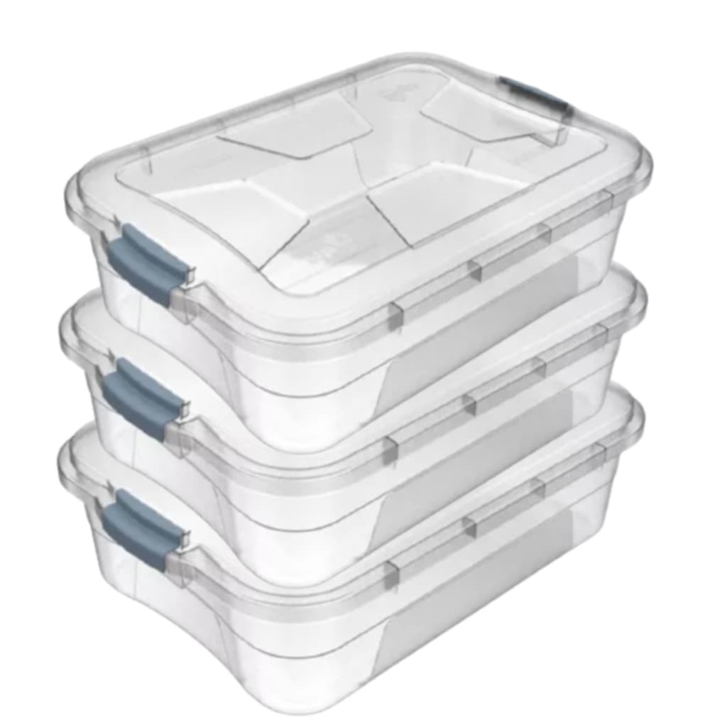 Caixa Organizadora Transparente 6 Litros 3 Pote com Travas Azul Armário Gaveta