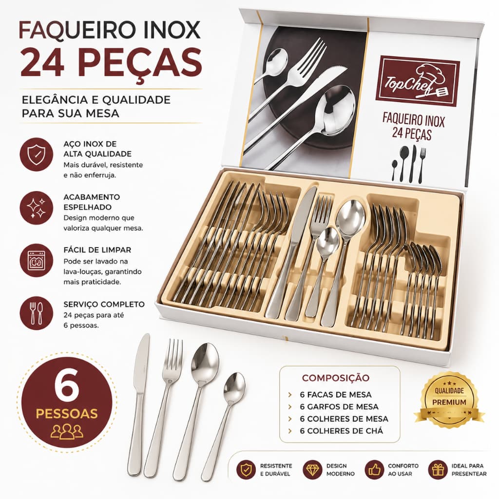 Faqueiro 24 Peças Inox Aço Talheres Jantar Almoço Presente Mesa Posta Sofisticado