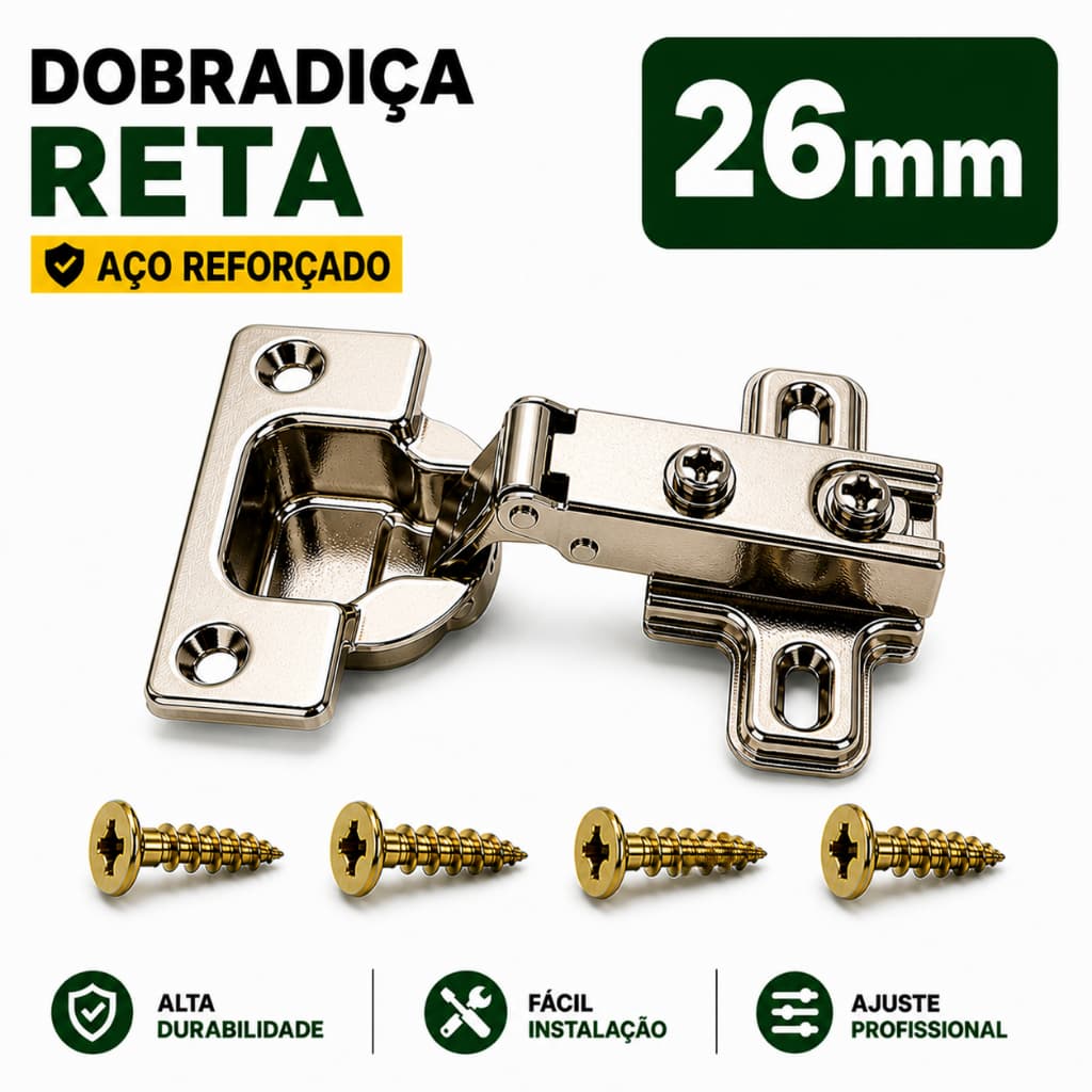 Dobradiça 26mm Reta Armário Porta Móveis Cozinha Guarda Roupa Com Parafuso