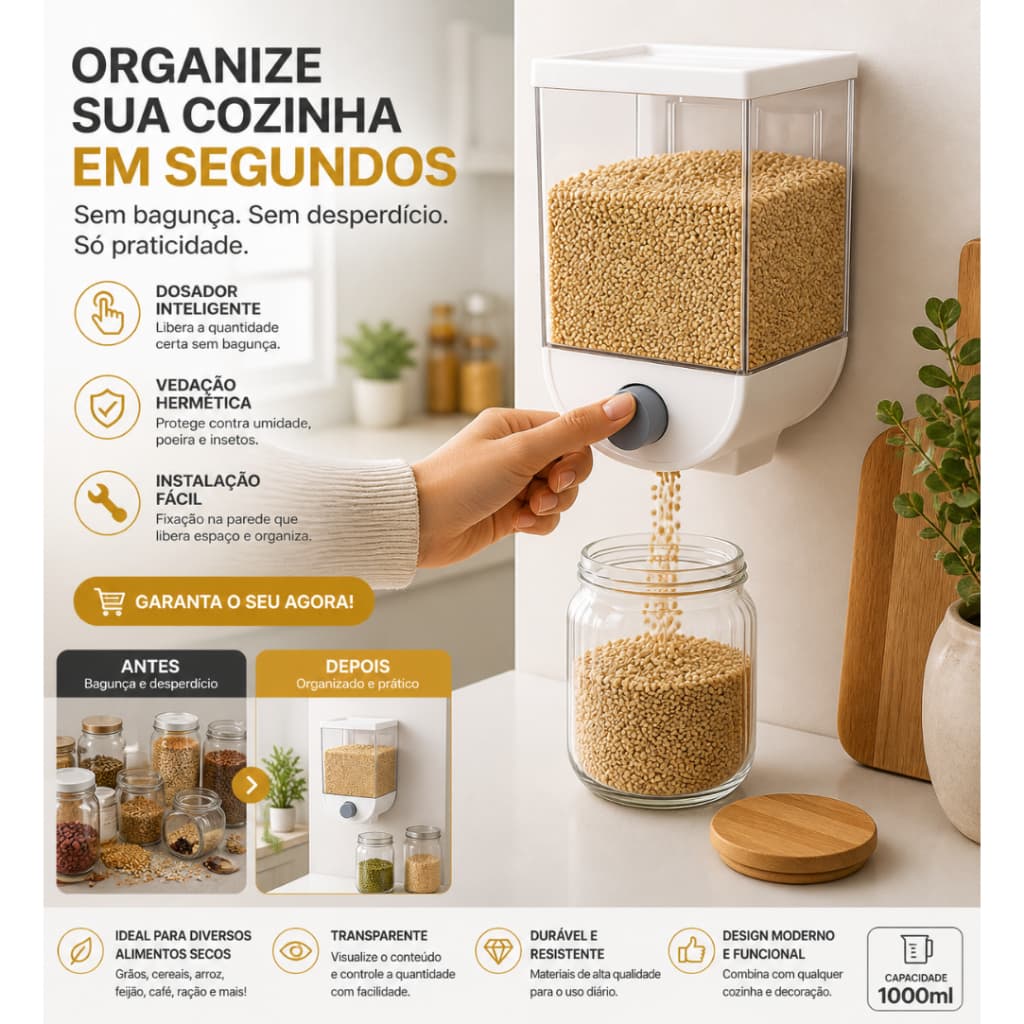 Dispenser de Alimentos 1000ml com Dosador| Organizador de Cozinha Suspenso com Vedação Hermética
