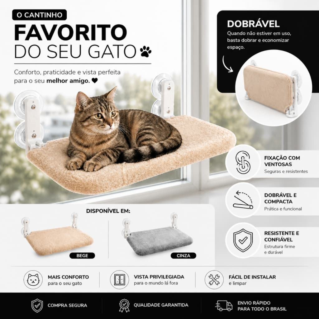Cama Dobrável Janela Parede Vidro Suspensa Gato Pet Ventosa Plush Caminha Interna Externa Até 15kg