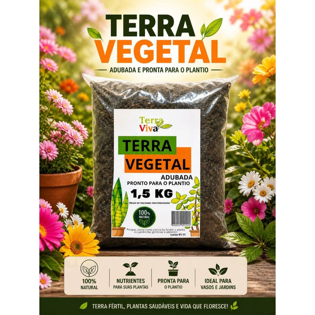 Terra Vegetal Orgânica Adubada pronta para uso Terra Viva Jardim Horta Plantas