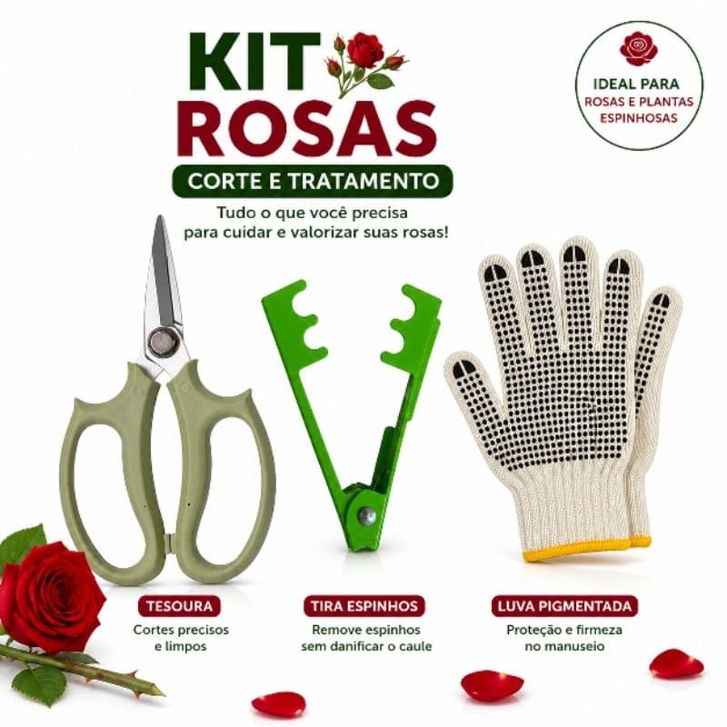 Kit Jardinagem Rosas Top Garden Tesoura X1087 + Tira Espinho + Luva Proteção Profissional