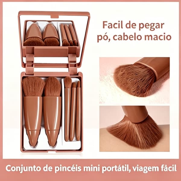 Kit 5 Pincéis Rosa Pastel de Maquiagem Mini com Espelho - Não Comem Pó,Cerdas Macias e Compacto
