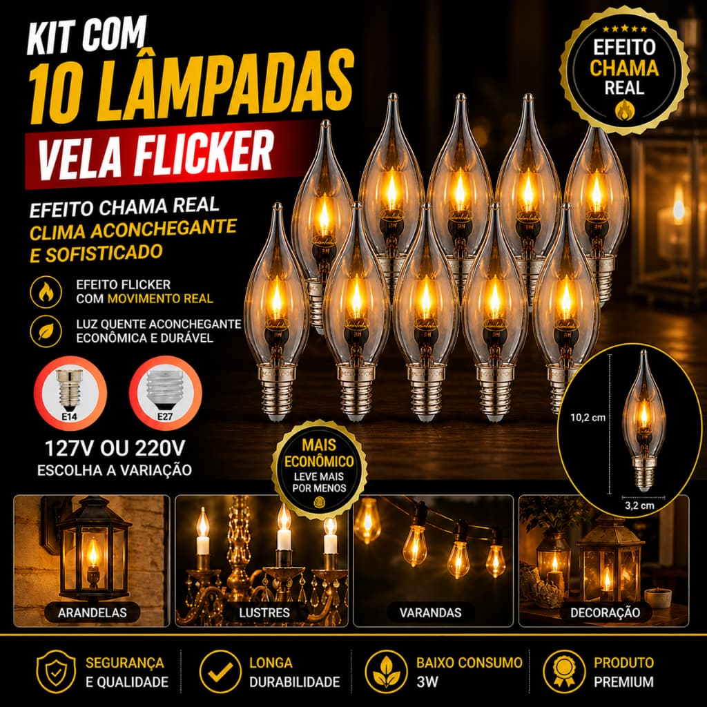 Kit 10 Lâmpadas Decorativas Efeito Chama Vela Flicker Sadokin