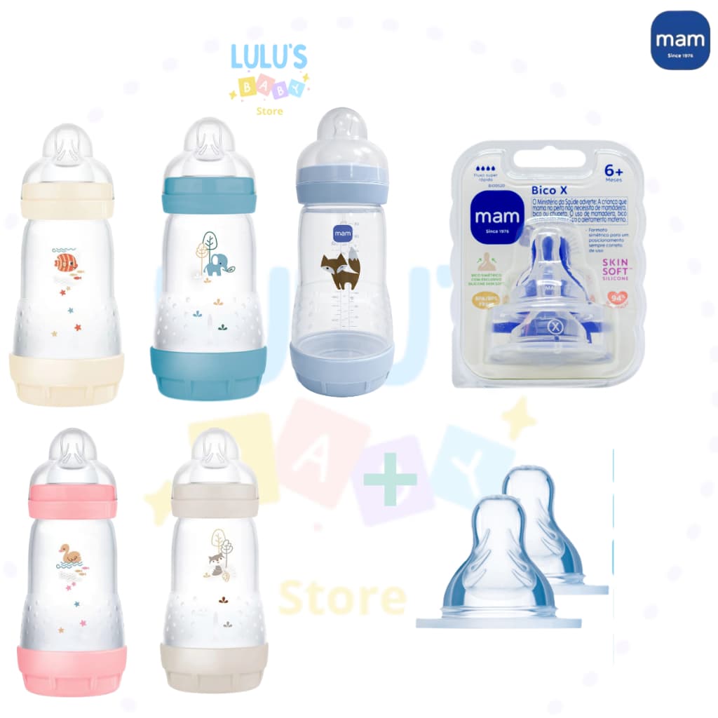 Kit Mamadeira Easy Start 260ml+Bico X MAM Original Anticólica Fluxo Super Rápido Livre BLA Lacrados