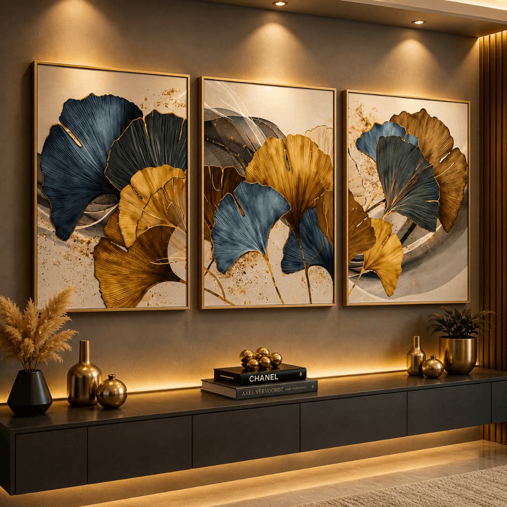 Kit 3 Quadros Decorativos Folhas Ginkgo Azul Dourado Luxo Sala Quarto MDF