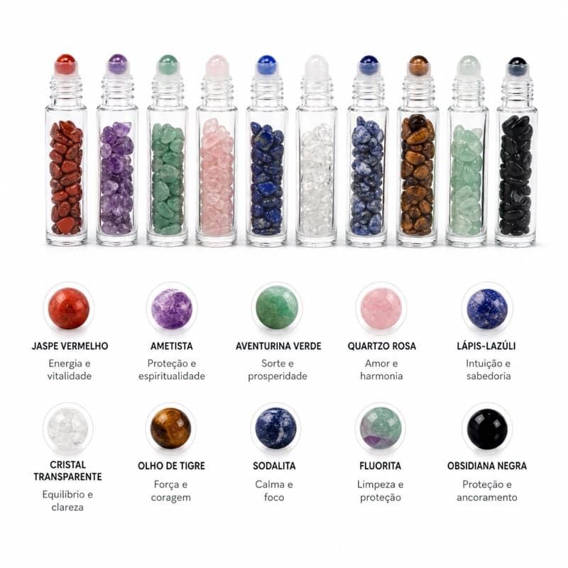 Frasco rollon Roll-On 10ml com Pedra Natural | Perfume Gloss Portátil Recarregável
