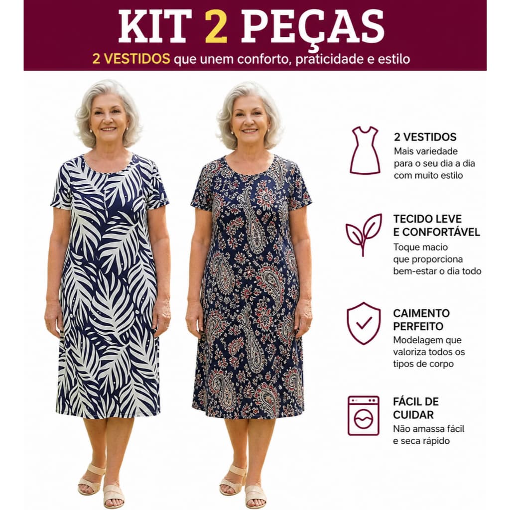 KIT 2 DE VESTIDOS DE SENHORA ESTAMPADO PLUS SIZE MALHA FRIA LIGANETE