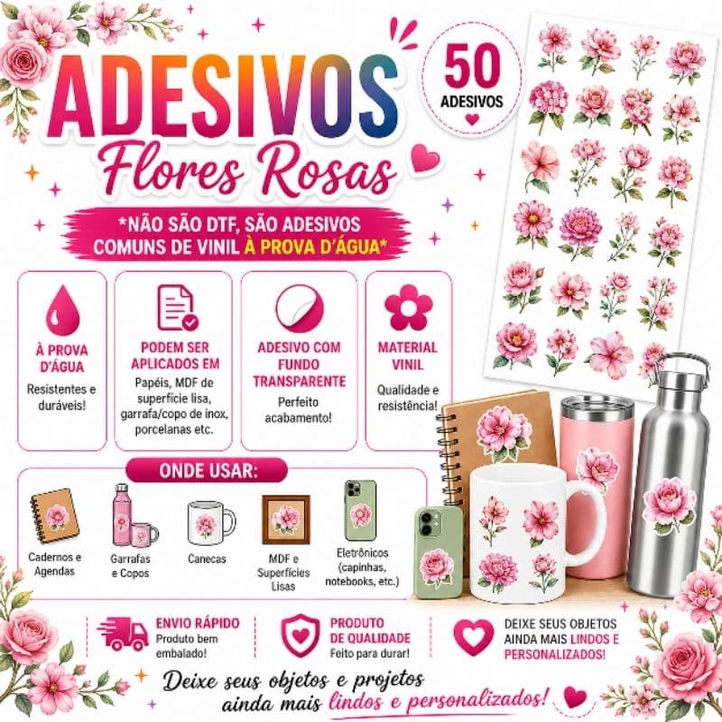Kit 50 Adesivos Flores ROSA Fundo Transparente Vinil Á Prova D'água