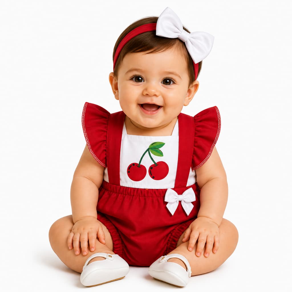 Romper Bebê Feminino Cerejinha  Macacão Infantil Menina 3 a 6 Meses Roupa Bebê Fofa Confortável Pronta Entrega