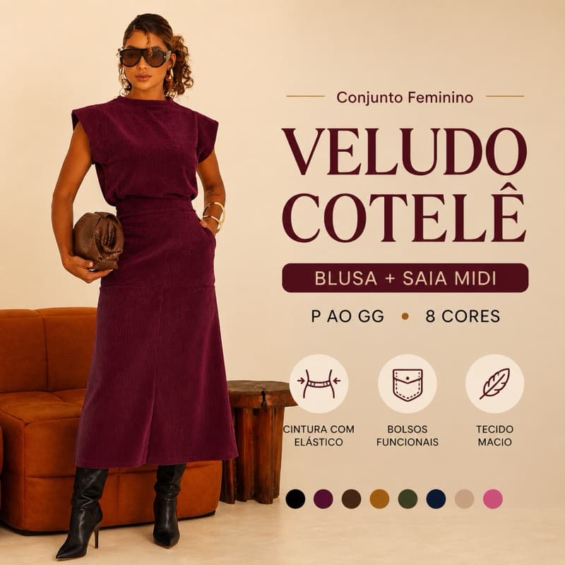 Conjunto Feminino Inverno Veludo Cotelê Blusa e Saia Midi Quentinho Elegante Confortável Elástico P, M, G e GG