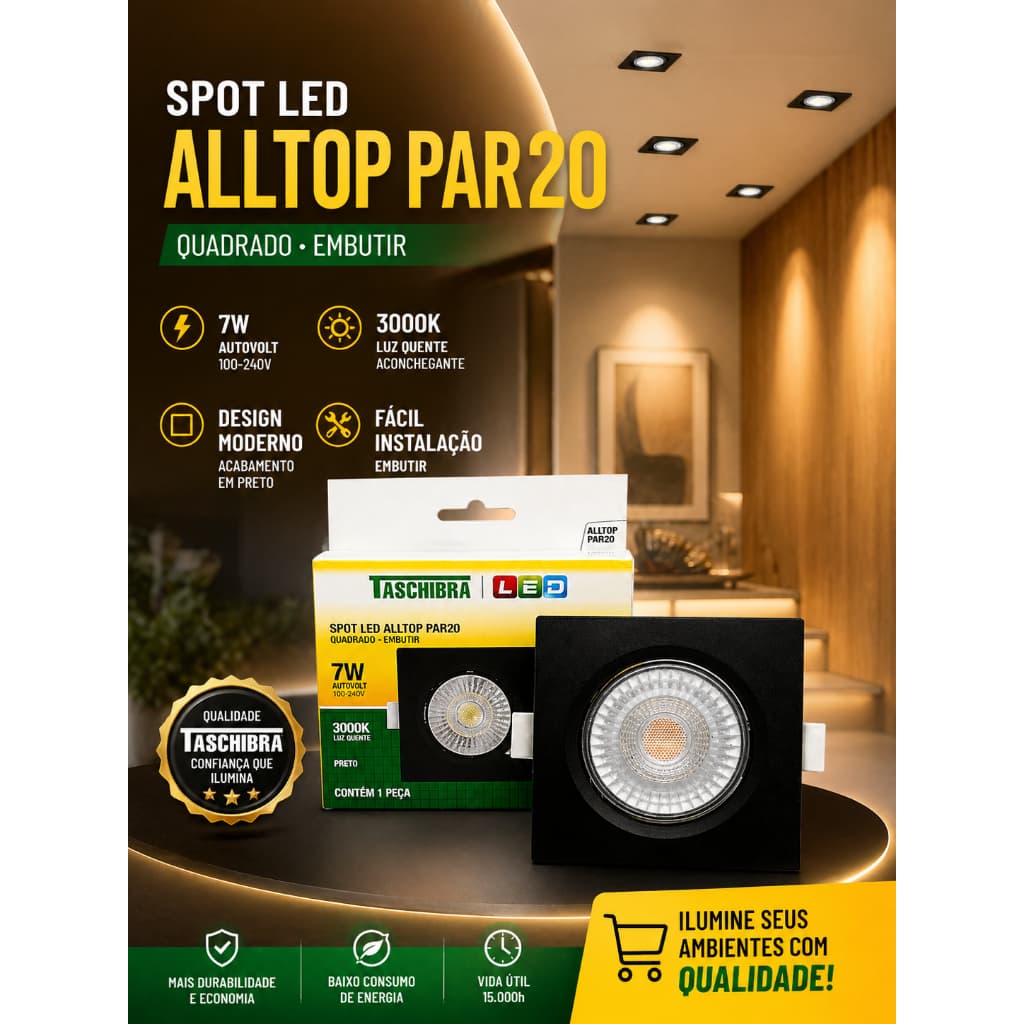 Led Spot Quadrado Preto 7 Watts Luz Amarela De Embutir par20 bivolt