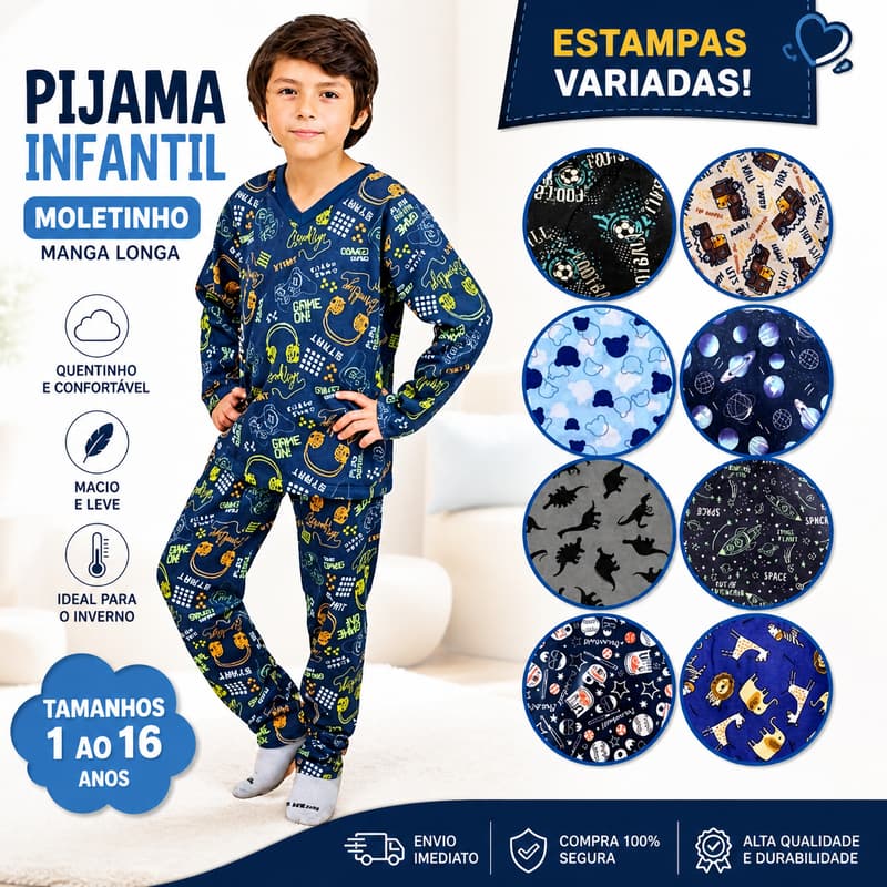 Pijama Infantil Inverno Moletinho Quentinho Unissex 1-16