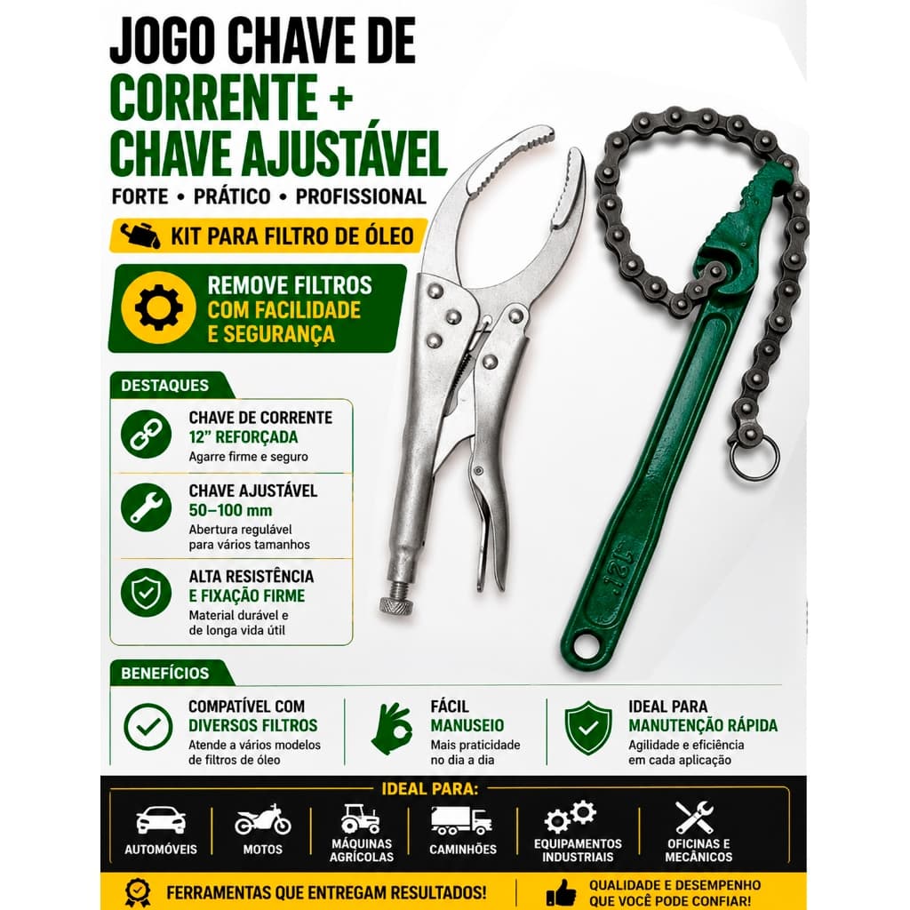 Kit Chave Corrente Saca Filtro De Óleo Grade Profissional + Alicate De Pressão Ajustável Ferramenta Universal
