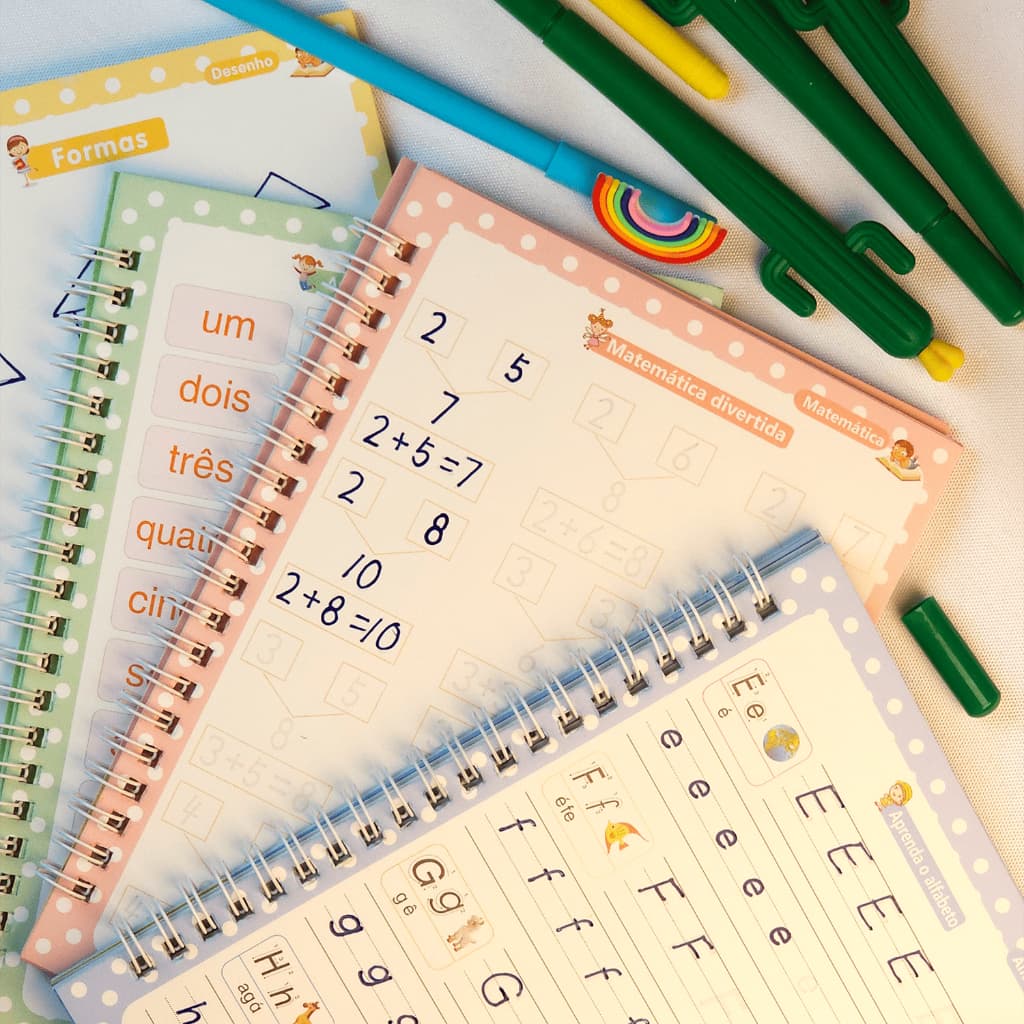 Caderno Mágico Escreve e Apaga Infantil 4 em 1 (Em Português) – Caligrafia, Letras e Números ✏️📚