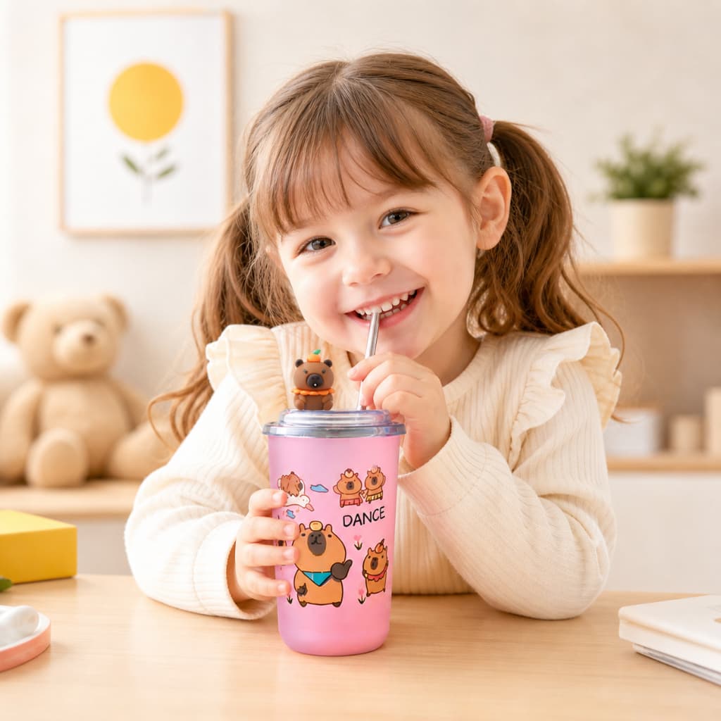 Copo Infantil com Canudo Estampa Capibara Fofo | Copo Reutilizável com Tampa e Canudo para Crianças