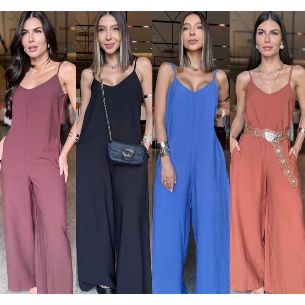 Macacão Feminino Pantalona Largo Alcinha Decote V Tamanho M,G Tecido Duna Grosso, Elegante Lançamento Moda Verão,outros.