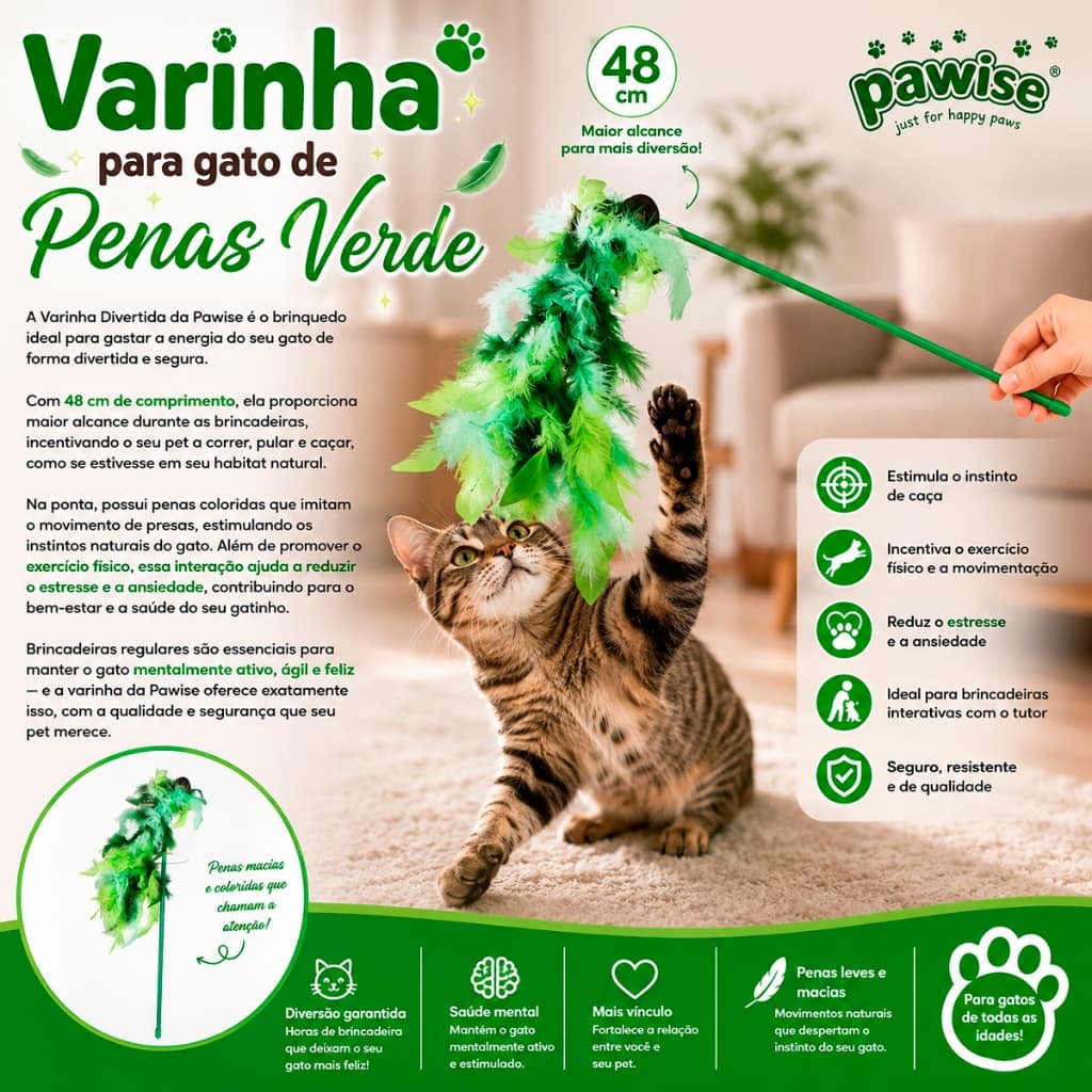VARINHA PARA GATOS COM PENAS PAWISE - 48 CM VERDE