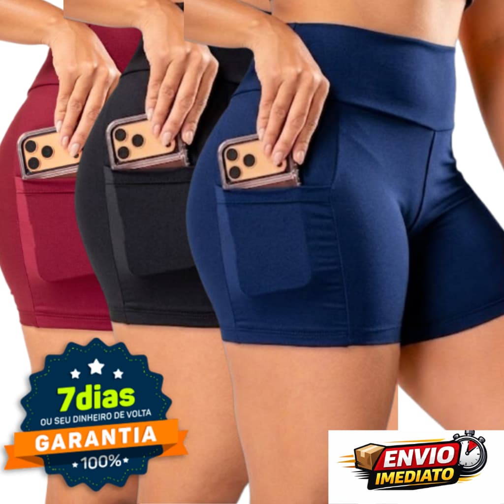 kit 3 Short de Academia Feminino Suplex Premium com Bolso Compressão, Zero Transparência