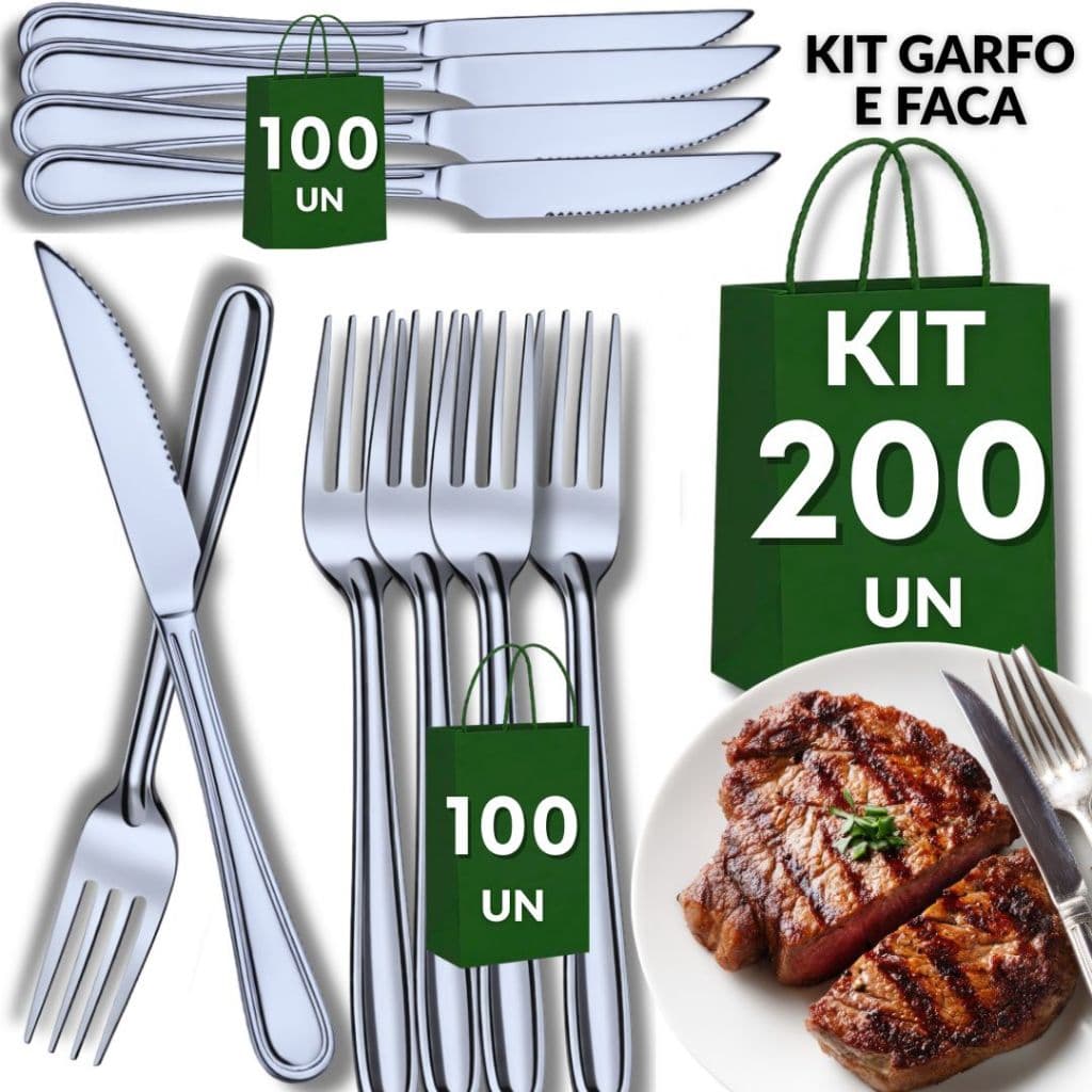 Conjunto 200  Talheres Inox 100 Facas 100 Garfos Cozinha Restaurante Buffet Casa Resistência Qualidade Utilidades