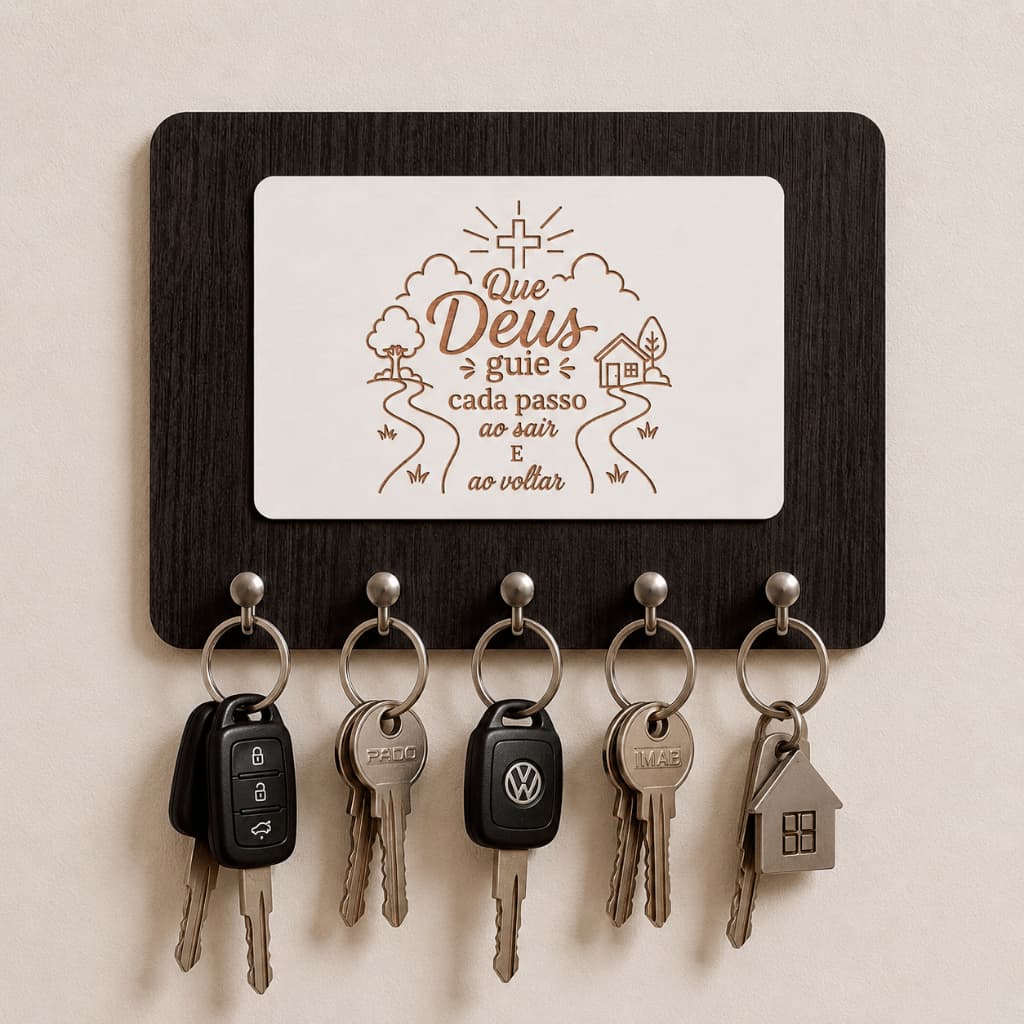 Porta Chaves Parede Decorativo Moderno com frase religiosa “Que deus guie cada passo ao sair e ao voltar”.