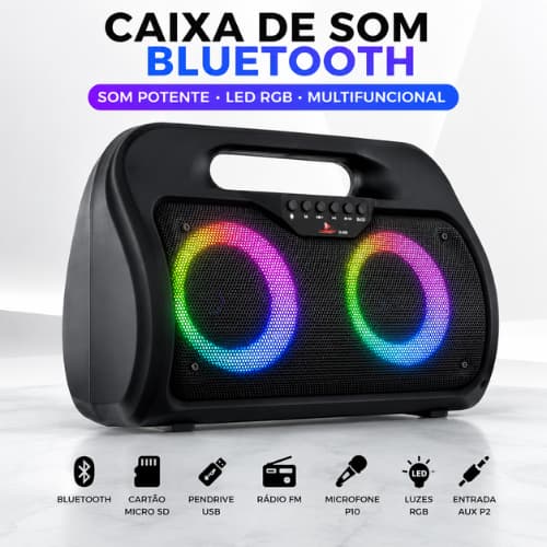 Caixa De Som Bluetooth Portátil Potente TWS USB FM Entrada P10 Microfone SD Recarregável Som Stereo Com Led RGB