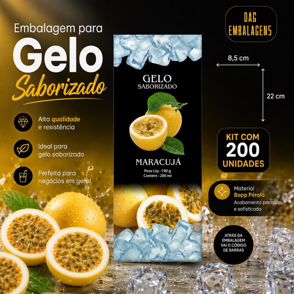 Embalagem para Gelo Saborizado – Maracujá | Kit com 200 Unidades