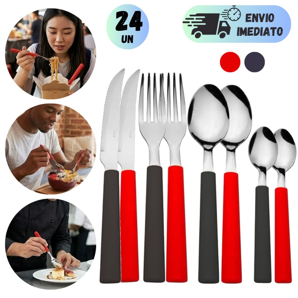 Jogo Talheres Inox 24 Peças Garfo Colher Faca Aço Premium Mesa Cozinha Casa Buffet Luxo Cores Preto e Vermelho