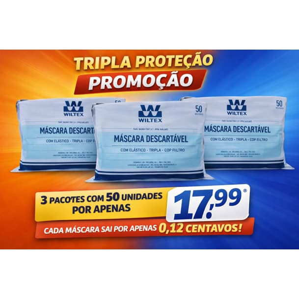 Máscara Tripla Descartável pacote com 50 unidades (3 camadas de proteção)