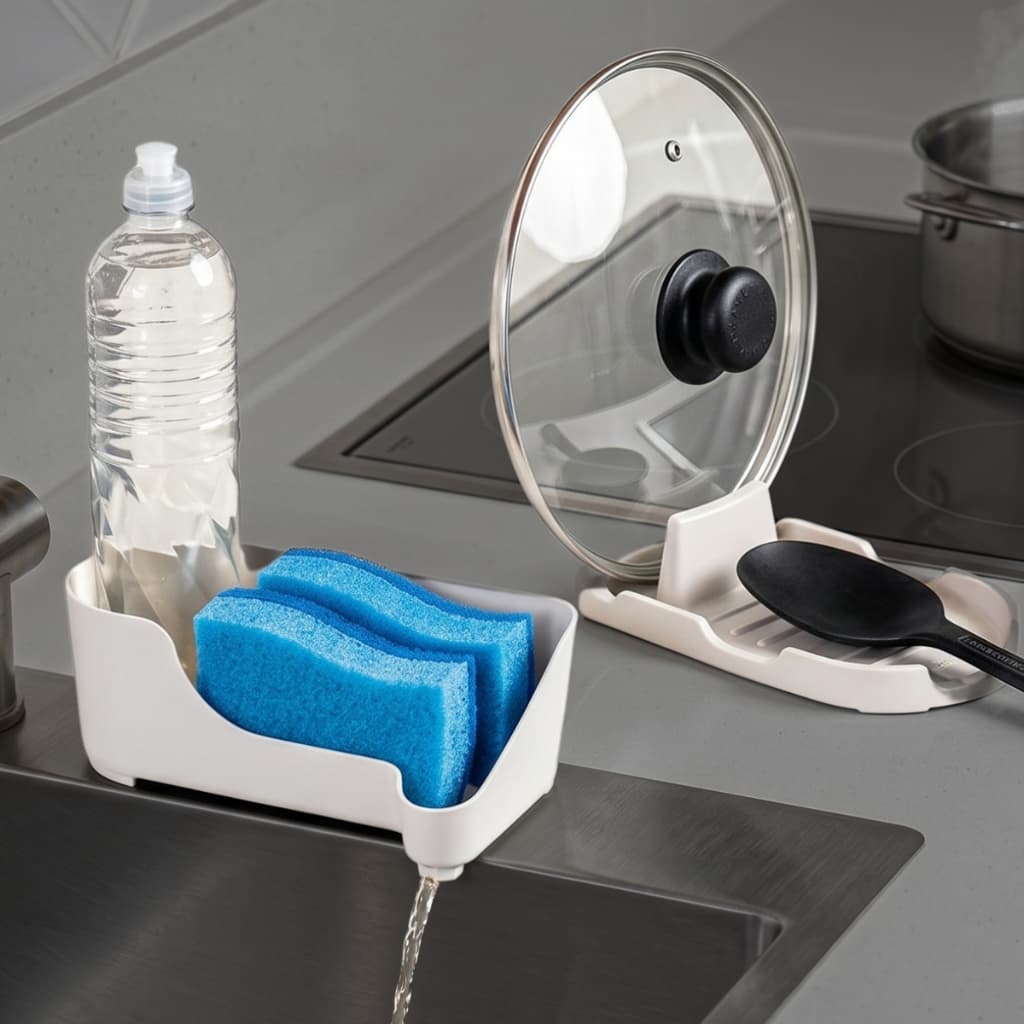 Kit Organizador De Pia E Bancada Porta Detergente Esponja Descanso Tampa Colher