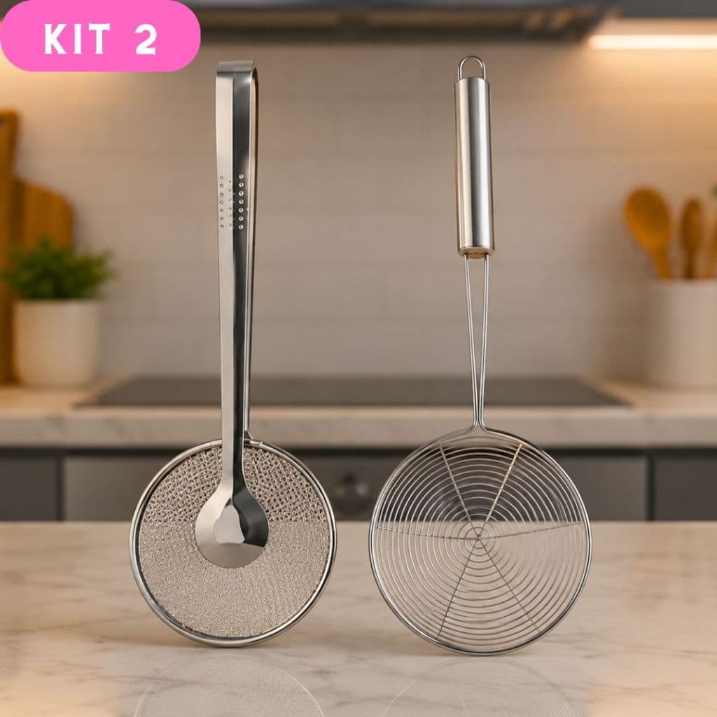 Kit 2 Peças Escumadeira para Fritura com Pegador em Inox + Escumadeira Fritura Resistente