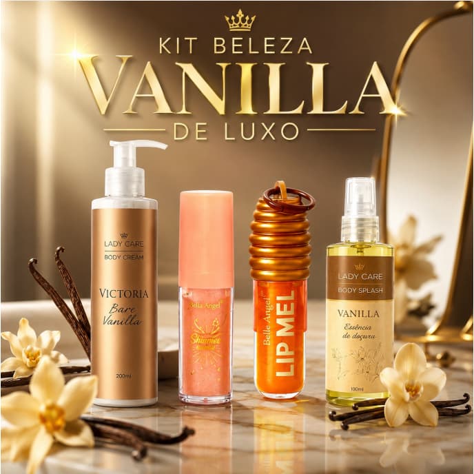 Kit Vanilla de Luxo Body Cream Body Splash Iluminador Gloss Lip Mel tudo para um Brilho Irresistível