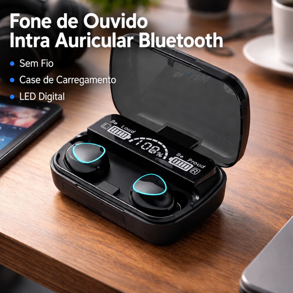 Fone de Ouvido Intra Auricular Bluetooth Sem Fio com Case de Carregamento LED Digital