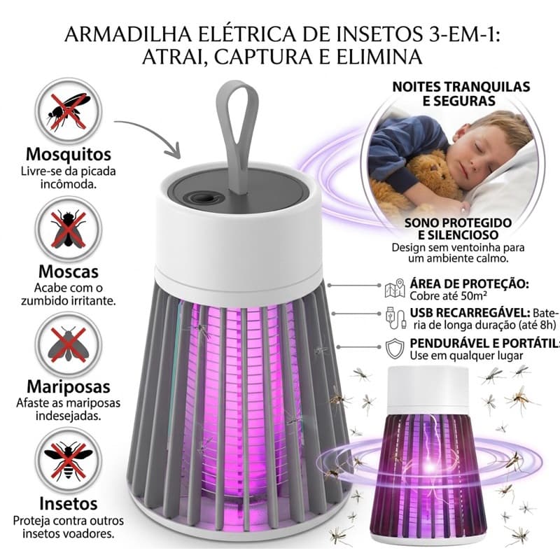 Luminária Mosqueteiro Elétrica Com Luz UV USB Recarregavel Armadilha Para Insetos