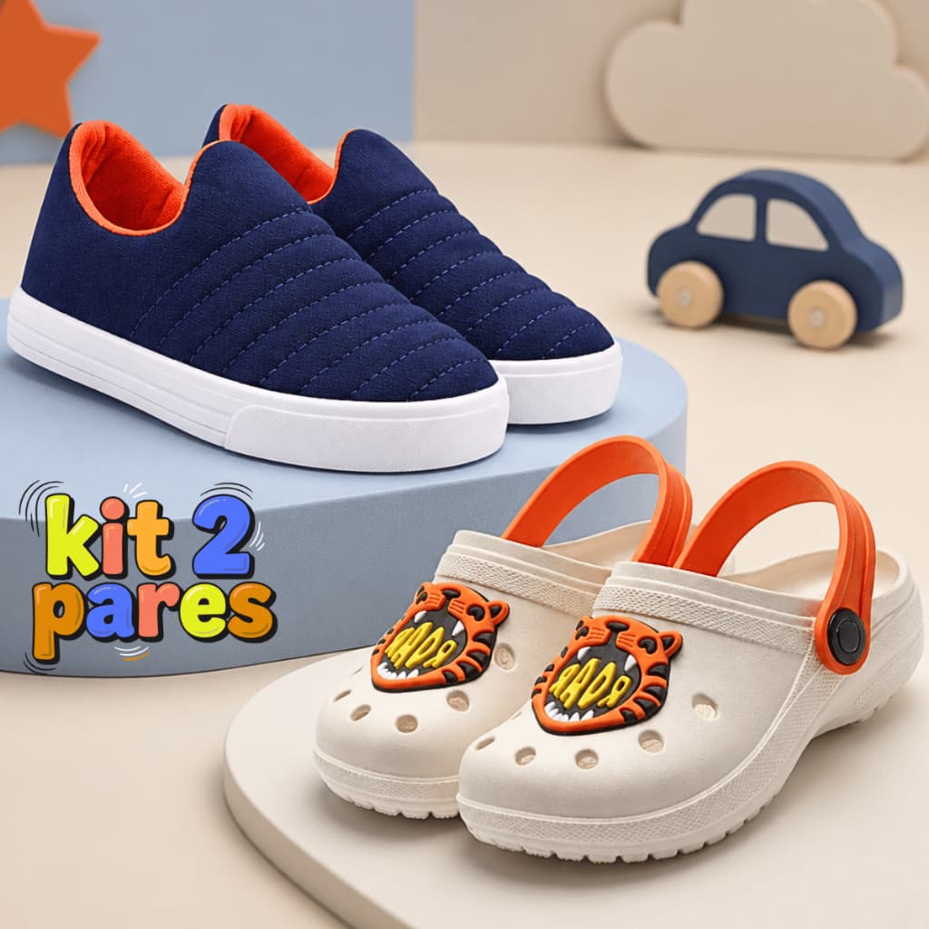 Kit Tênis Infantil Calce Fácil Masculino e Babuche Menino Confortável