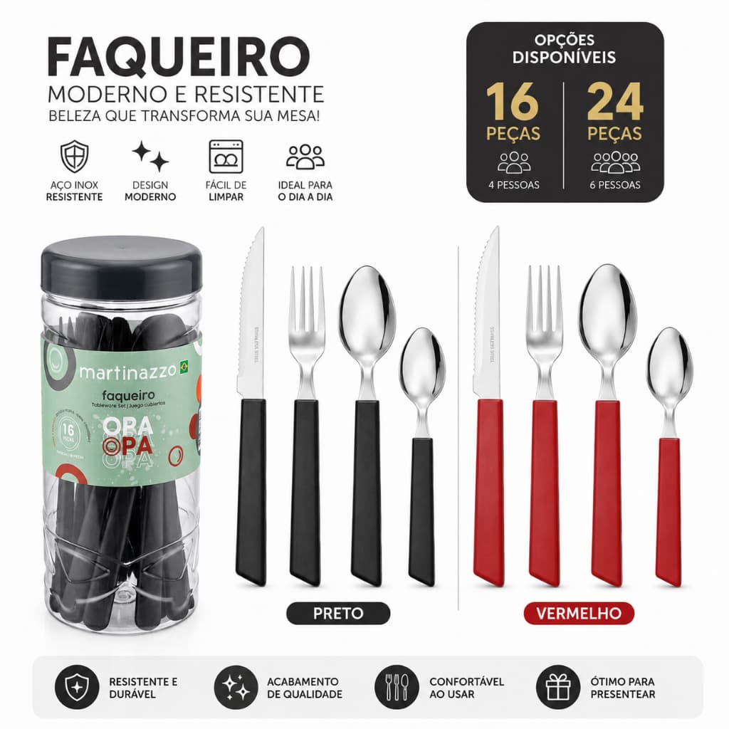 Faqueiro 24 Peças Inox Jogo de Talheres Completo Preto Vermelho